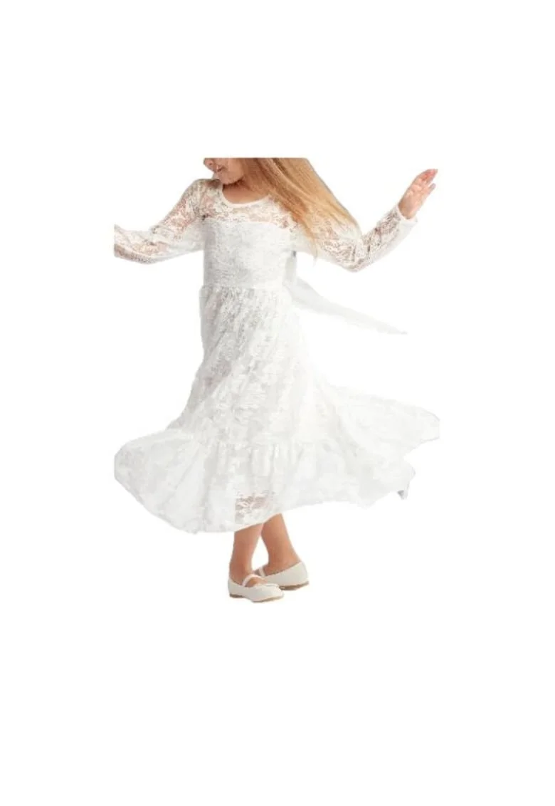 Rochie elegantă fetițe Lou din dantelă albă, cu fundă ajustabilă și volan, perfectă pentru evenimente speciale și ședințe foto