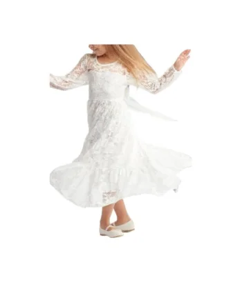 Rochie elegantă fetițe Lou din dantelă albă, cu fundă ajustabilă și volan, perfectă pentru evenimente speciale și ședințe foto