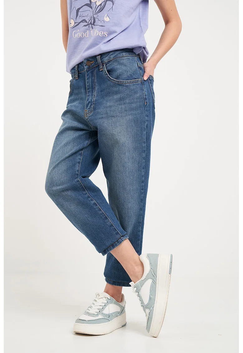 Blugi mom-fit cu aspect decolorat, Albastru