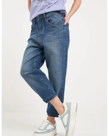 Blugi mom-fit cu aspect decolorat, Albastru