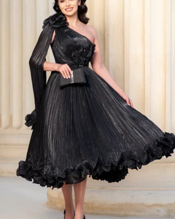 Rochie de ocazie neagra eleganta Caroline midi din voal peliculizat plisat