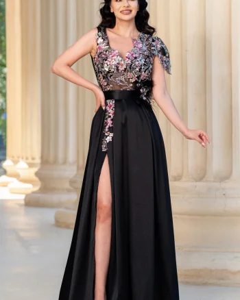 Rochie de seara eleganta neagra Edena cu aplicatii florale brodate