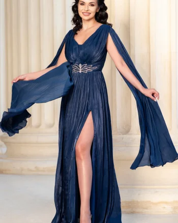 Rochie de seara lunga bleumarin Ligia cu maneci tip fluture