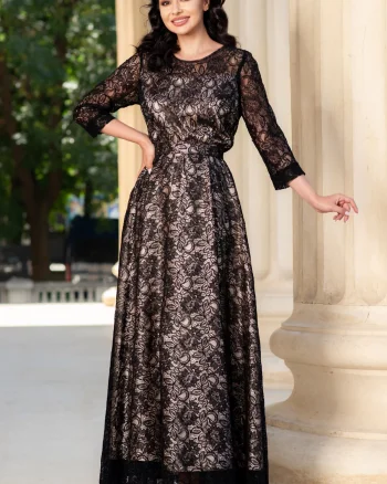 Rochie eleganta din dantela neagra Francesca cu dublura bej