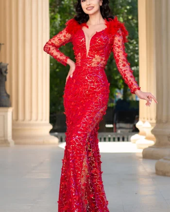 Rochie de seara rosie Alejandra cu paiete si flori decorative
