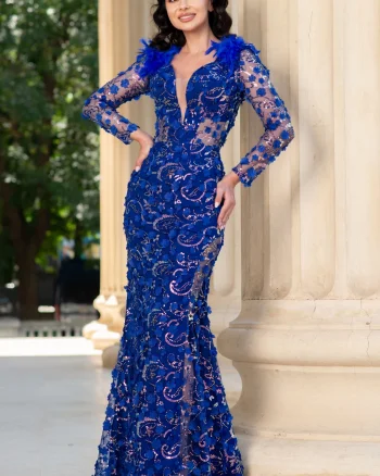 Rochie de seara albastru royal Alejandra cu paiete si flori decorative