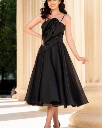 Rochie eleganta neagra din organza Catherine cu floare maxi