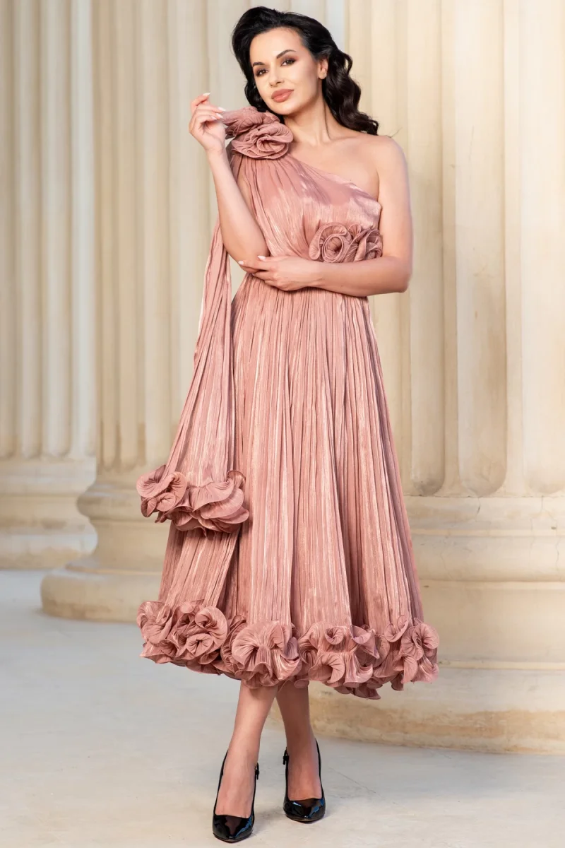 Rochie eleganta roz Caroline midi din voal peliculizat plisat