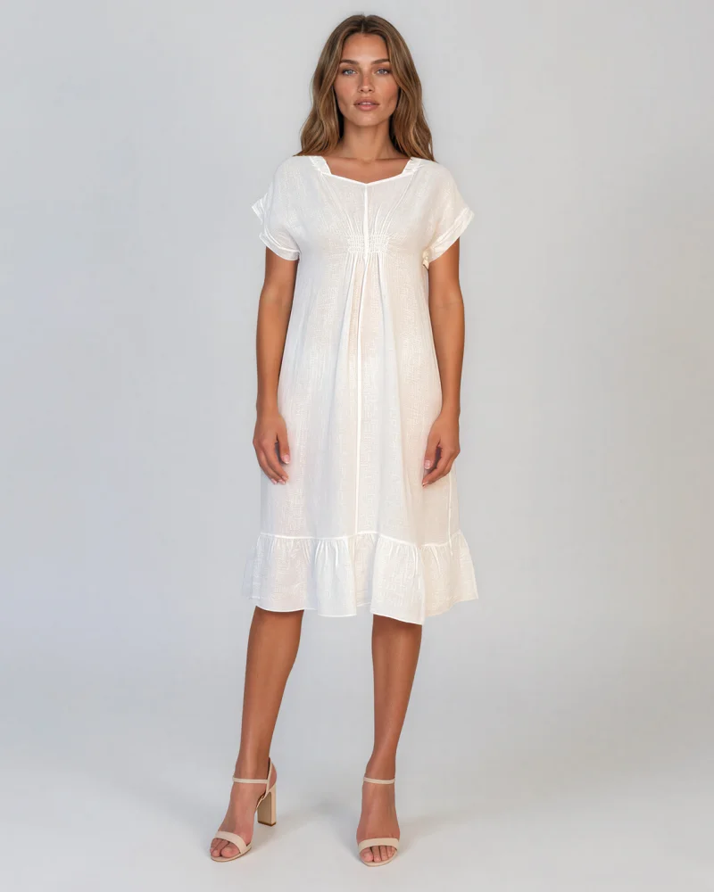 Rochie din in cu pliu și elastic alb - Unica S-L