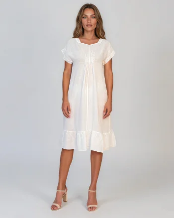 Rochie din in cu pliu și elastic alb - Unica S-L