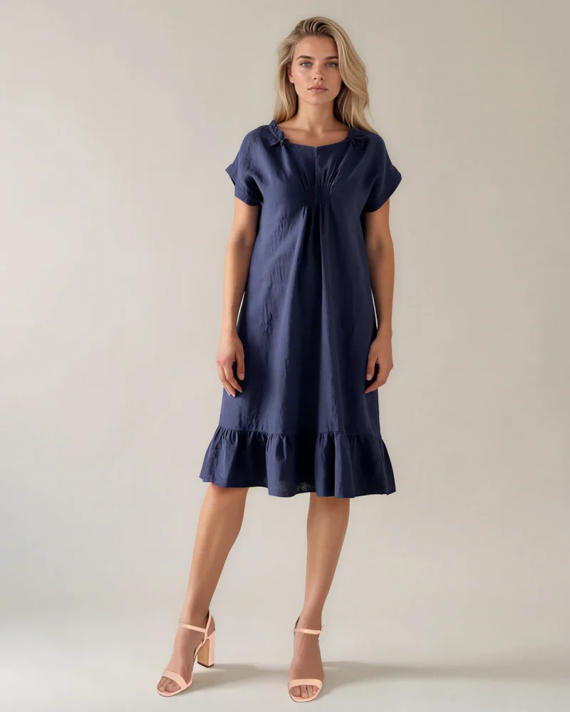 Rochie din in cu pliu și elastic bleumarin - Unica S-L