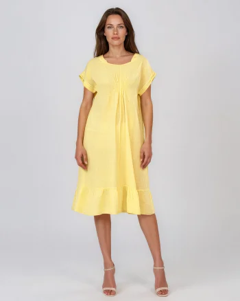 Rochie din in cu pliu și elastic galben - Unica S-L