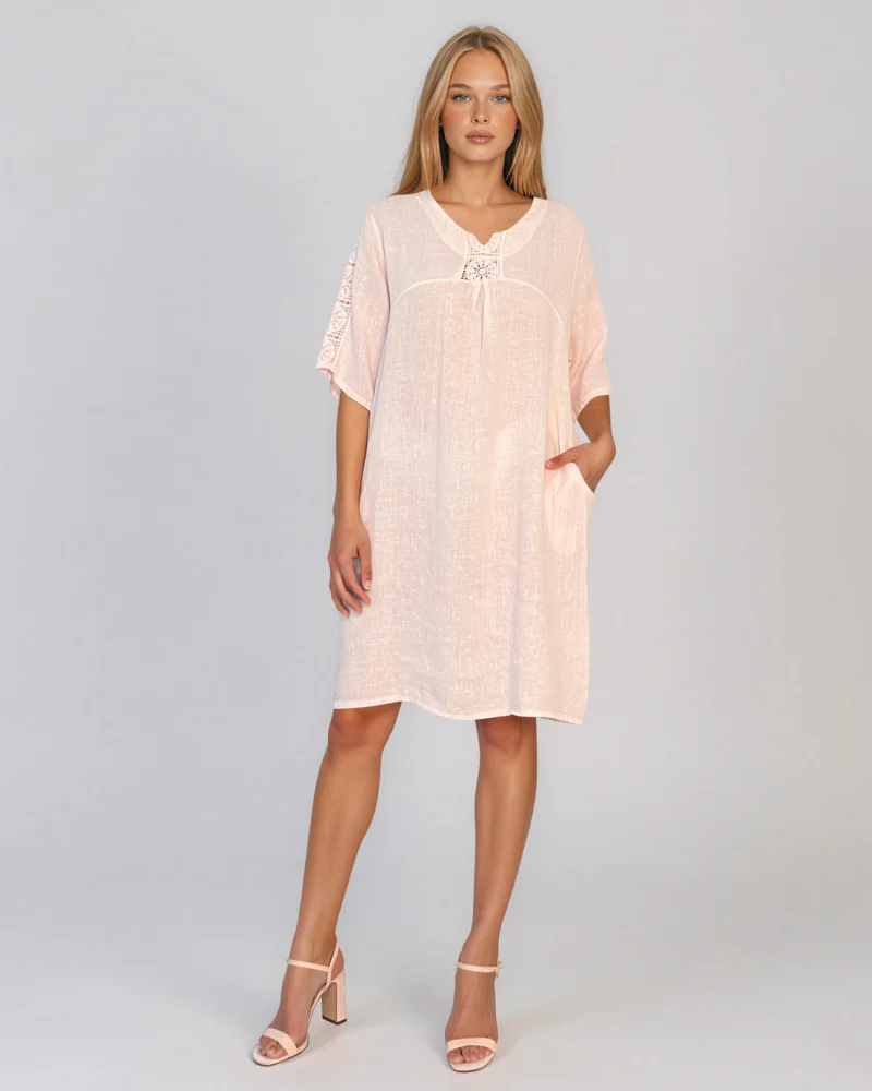 Rochie din in cu broderie la mâneci și decolteu roz - Unica S-L