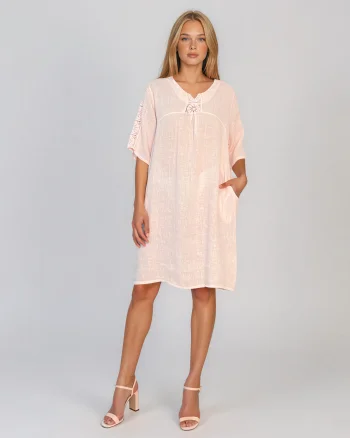 Rochie din in cu broderie la mâneci și decolteu roz - Unica S-L
