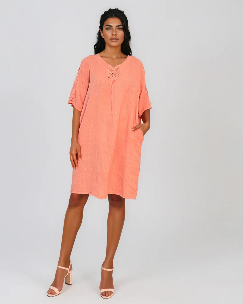Rochie din in cu broderie la mâneci și decolteu somon - Unica S-L