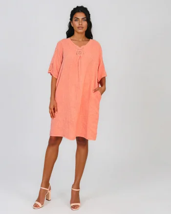 Rochie din in cu broderie la mâneci și decolteu somon - Unica S-L