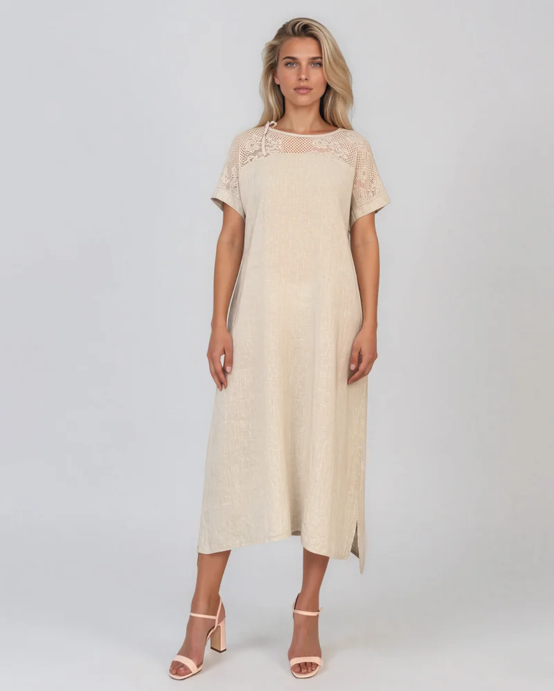 Rochie din in cu dantelă la umeri beige - Unica S-L