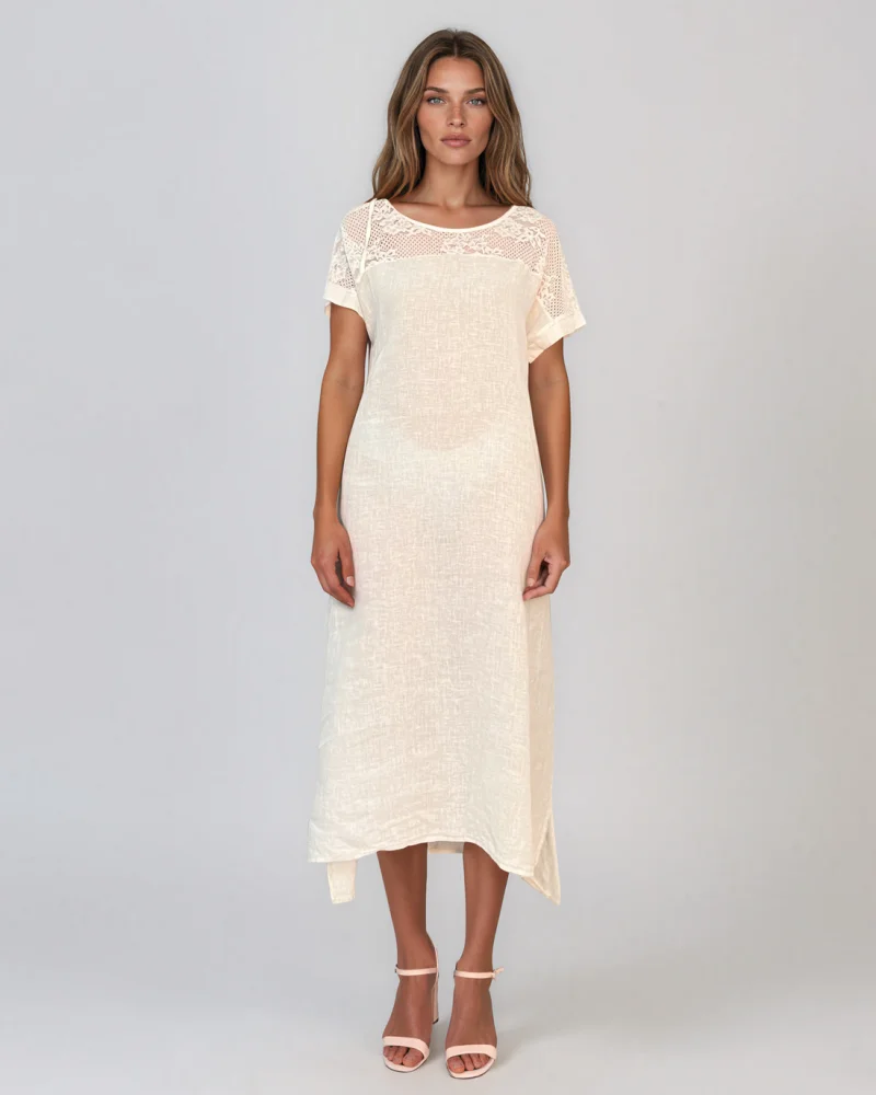 Rochie din in cu dantelă la umeri crem - Unica S-L