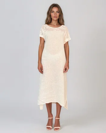 Rochie din in cu dantelă la umeri crem - Unica S-L
