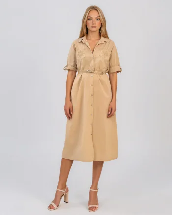 Rochie cu paiete pe buzunare și curea beige - Unica S-L