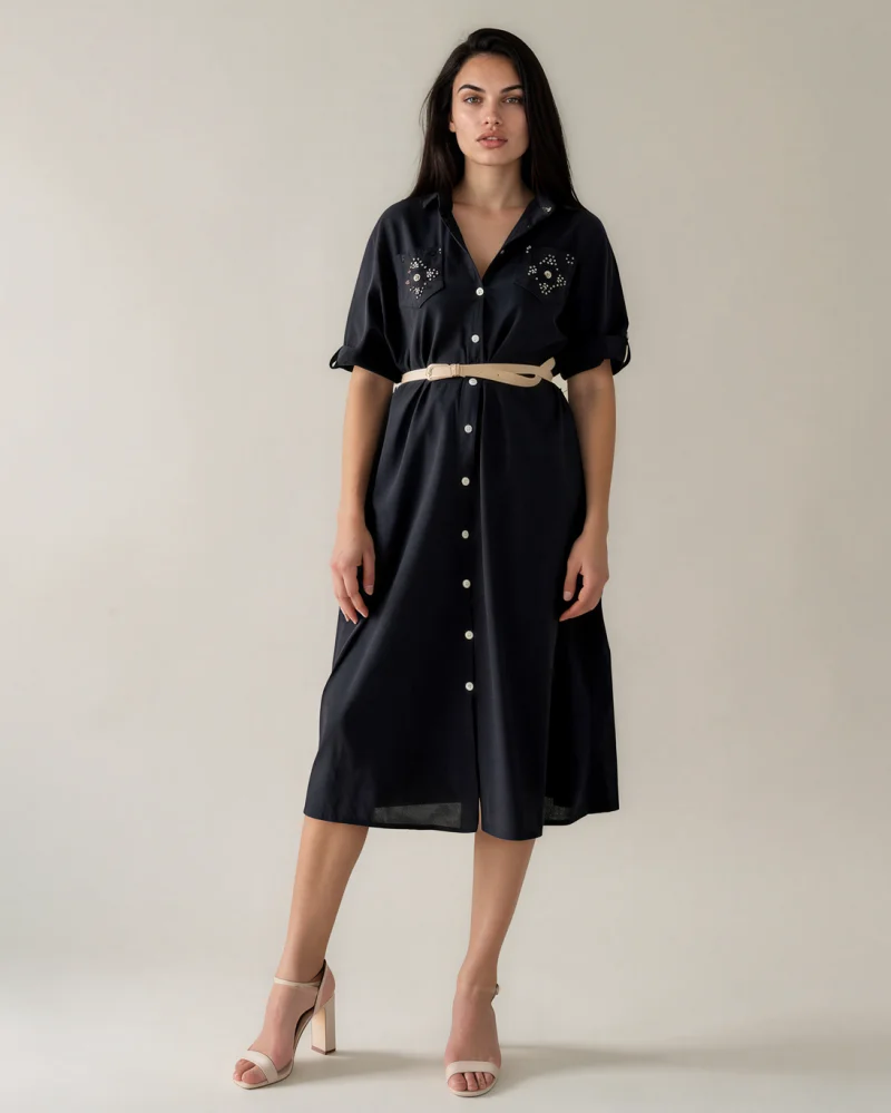 Rochie cu paiete pe buzunare și curea negru - Unica S-L