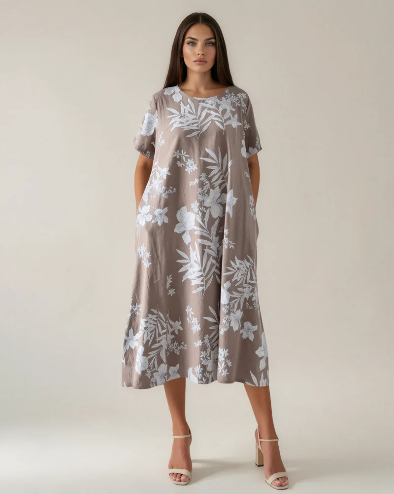 Rochie largă cu print floral și buzunare grej - Unica S-L