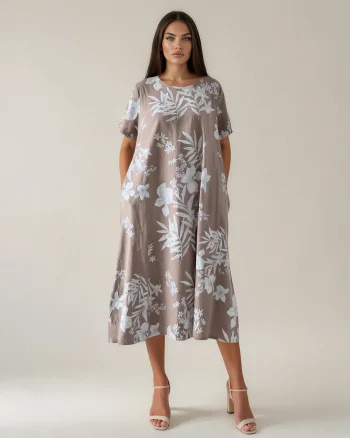 Rochie largă cu print floral și buzunare grej - Unica S-L