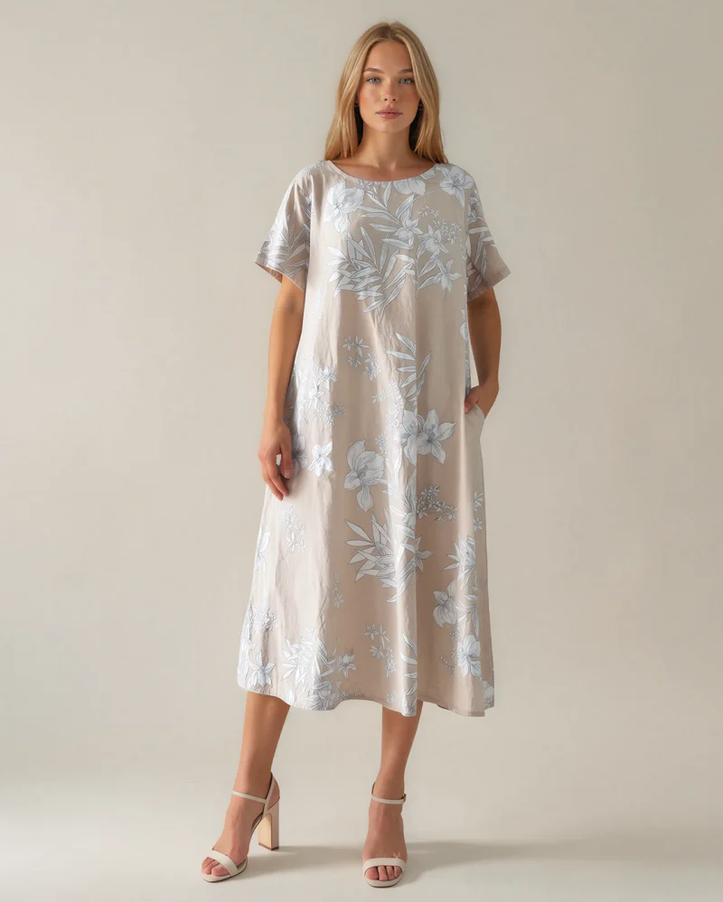Rochie largă cu print floral și buzunare crem - Unica S-L