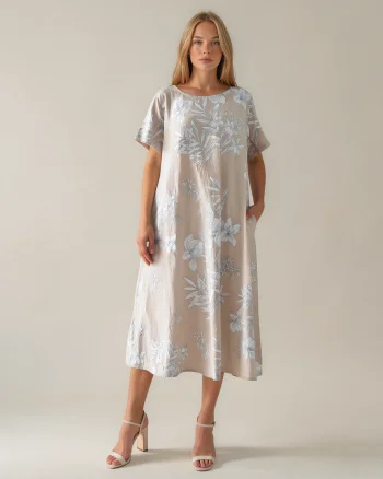 Rochie largă cu print floral și buzunare crem - Unica S-L