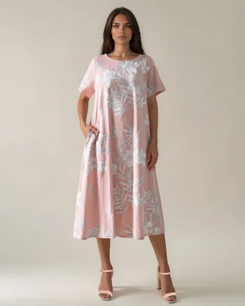 Rochie largă cu print floral și buzunare roz - Unica S-L