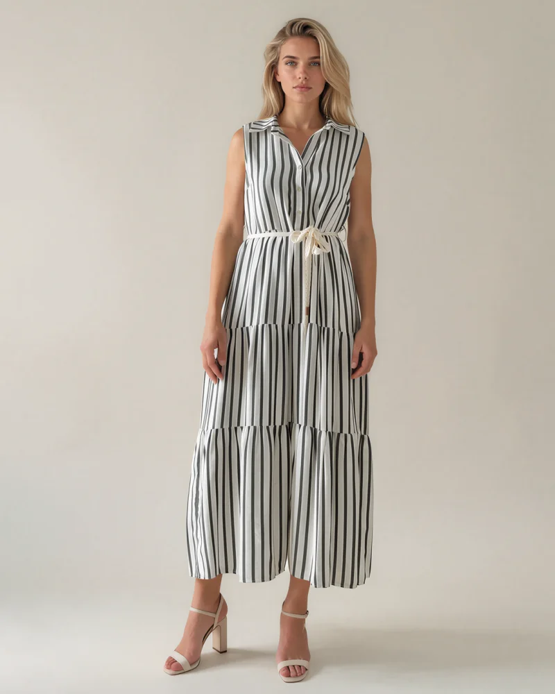 Rochie lungă cu dungi și șiret kaki - Unica S-L