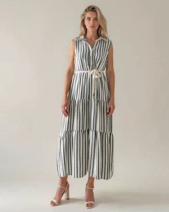Rochie lungă cu dungi și șiret kaki - Unica S-L