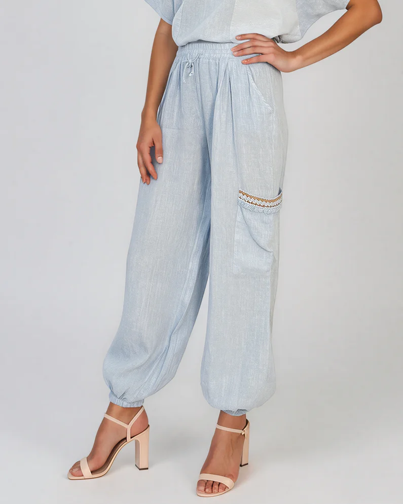 Pantaloni din in cu buzunare laterale și franjuri bleu - Unica S-L