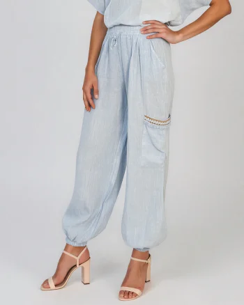 Pantaloni din in cu buzunare laterale și franjuri bleu - Unica S-L