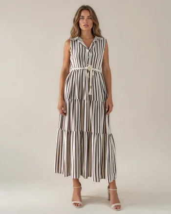 Rochie lungă cu dungi și șiret maro - Unica S-L