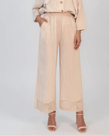 Pantaloni din in largi cu broderie jos crem - Unica S-L