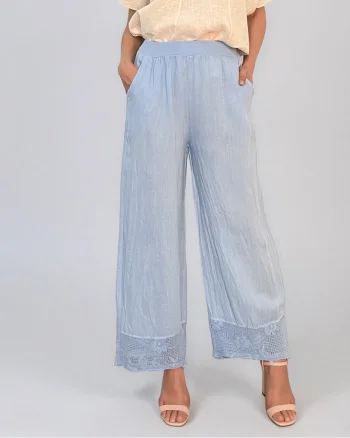 Pantaloni din in largi cu broderie jos bleu - Unica S-L