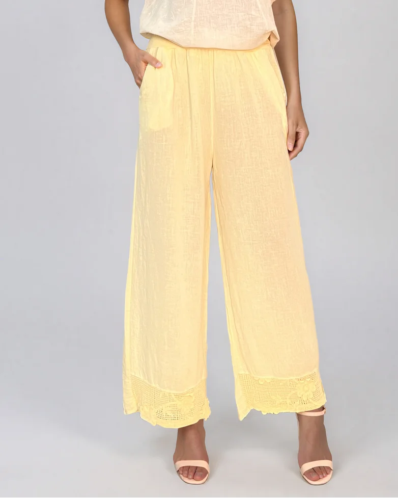 Pantaloni din in largi cu broderie jos galben - Unica S-L