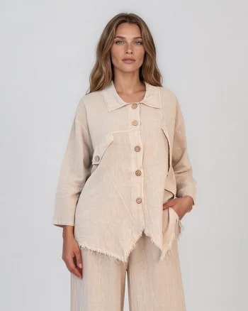 Cămașă stil sacou cu margini franjurate crem - Unica (XL-3XL)