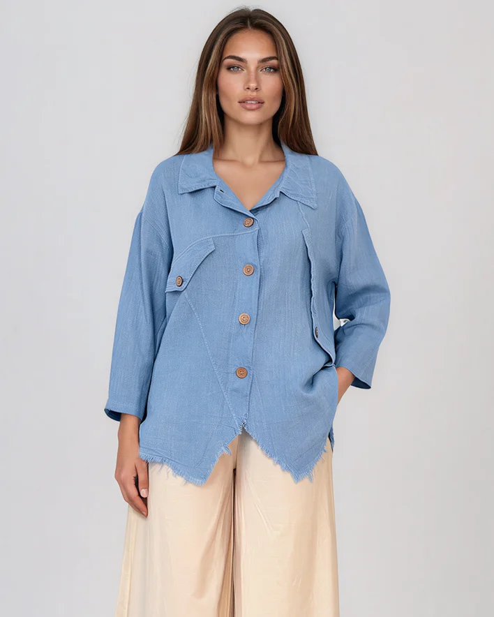Cămașă stil sacou cu margini franjurate bleu - Unica (XL-3XL)
