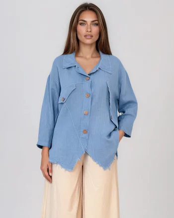 Cămașă stil sacou cu margini franjurate bleu - Unica (XL-3XL)