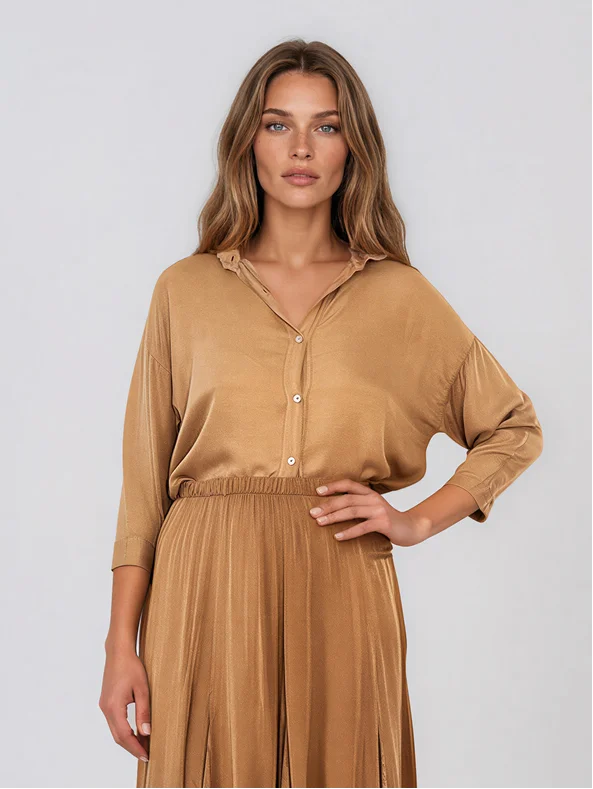 Cămașă din mătase cu spatele din dantelă beige - Unica S-L