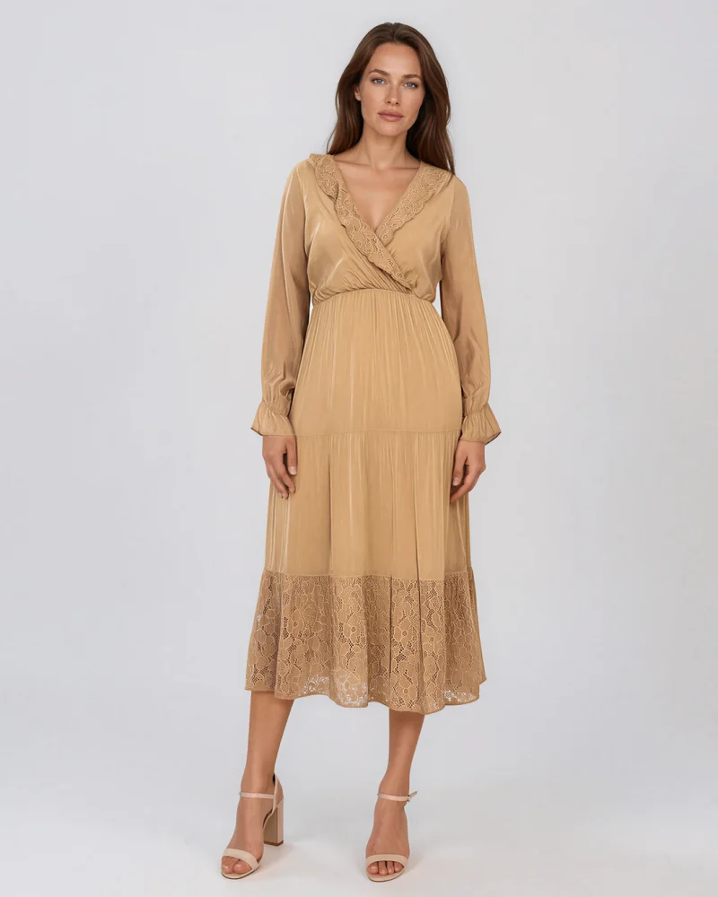 Rochie din mătase cu decolteu în V și dantelă beige - Unica S-L