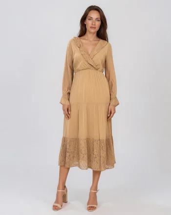 Rochie din mătase cu decolteu în V și dantelă beige - Unica S-L