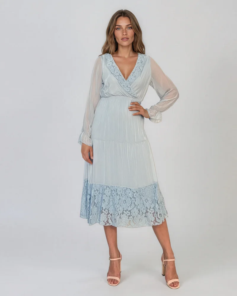 Rochie din mătase cu decolteu în V și dantelă bleu - Unica S-L