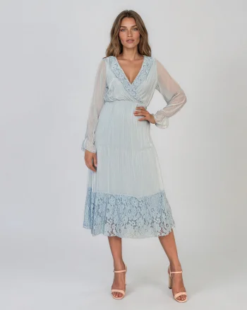 Rochie din mătase cu decolteu în V și dantelă bleu - Unica S-L