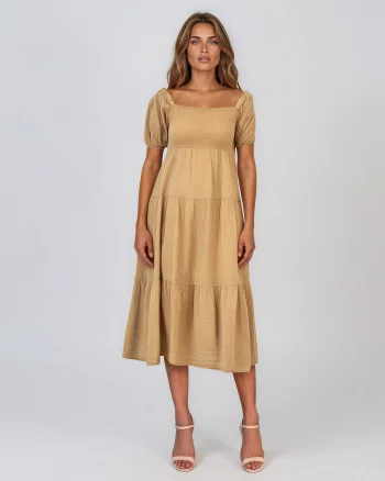 Rochie largă cu elastic la bust și spate beige - Unica S-L