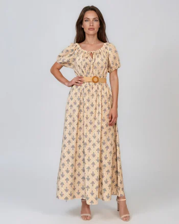 Rochie lungă cu print geometric și curea beige - Unica S-L