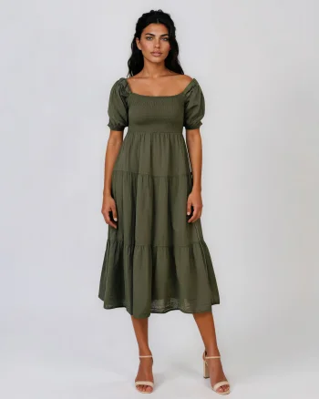Rochie largă cu elastic la bust și spate kaki - Unica S-L