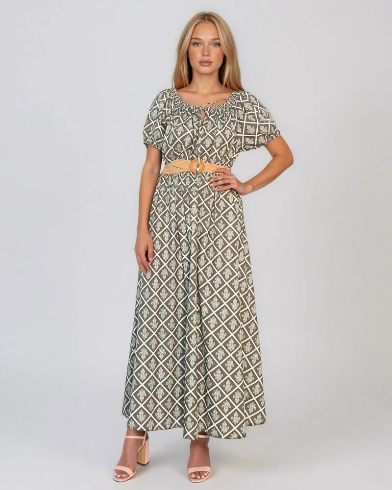 Rochie lungă cu print geometric și curea kaki - Unica S-L